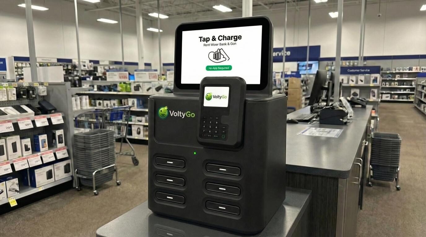 VoltyGo-powerbankstation bij de kassa van een supermarkt