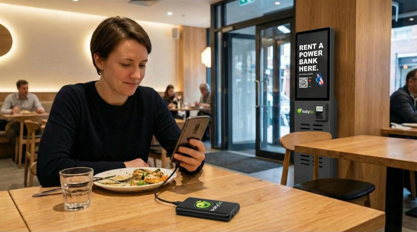 Vrouw laadt haar telefoon op met een gehuurde VoltyGo-powerbank in een restaurant