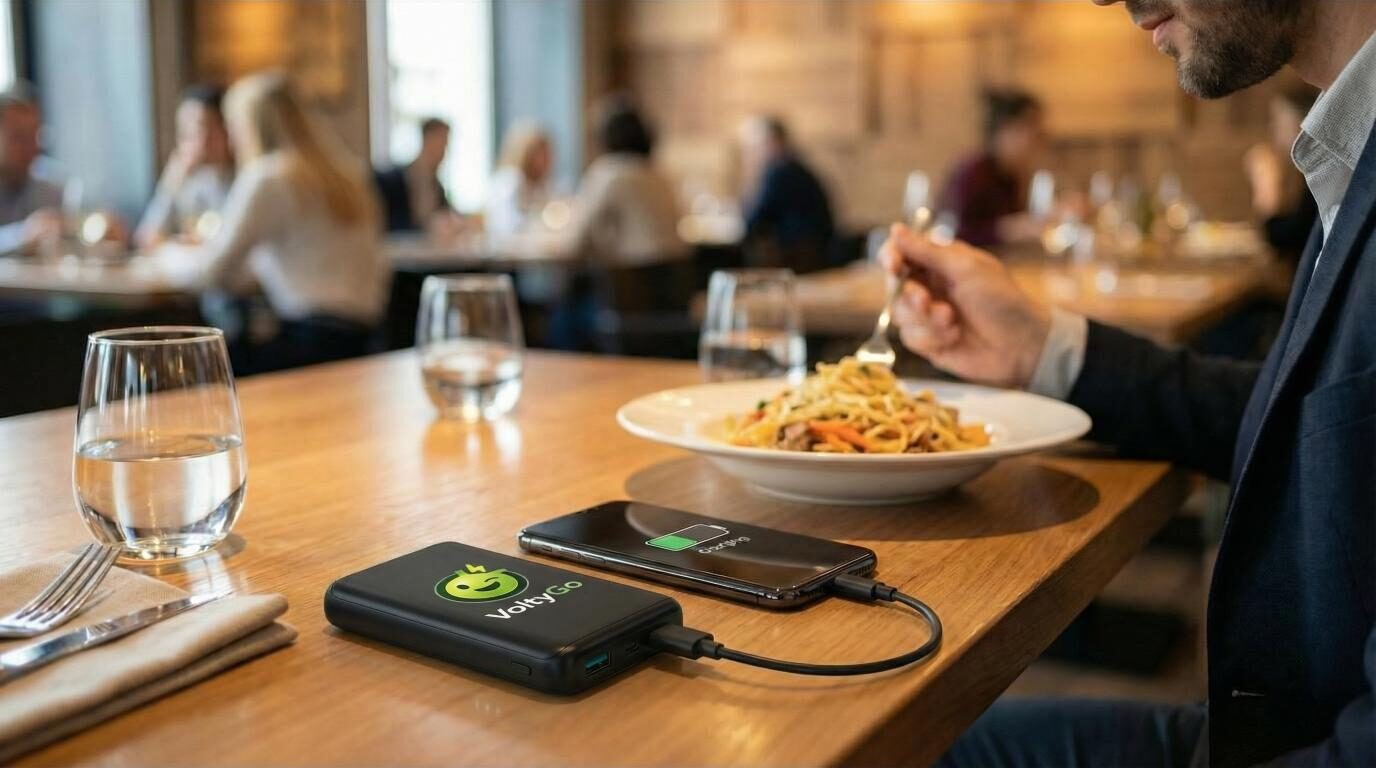 Gehuurde VoltyGo-powerbank op tafel in een restaurant